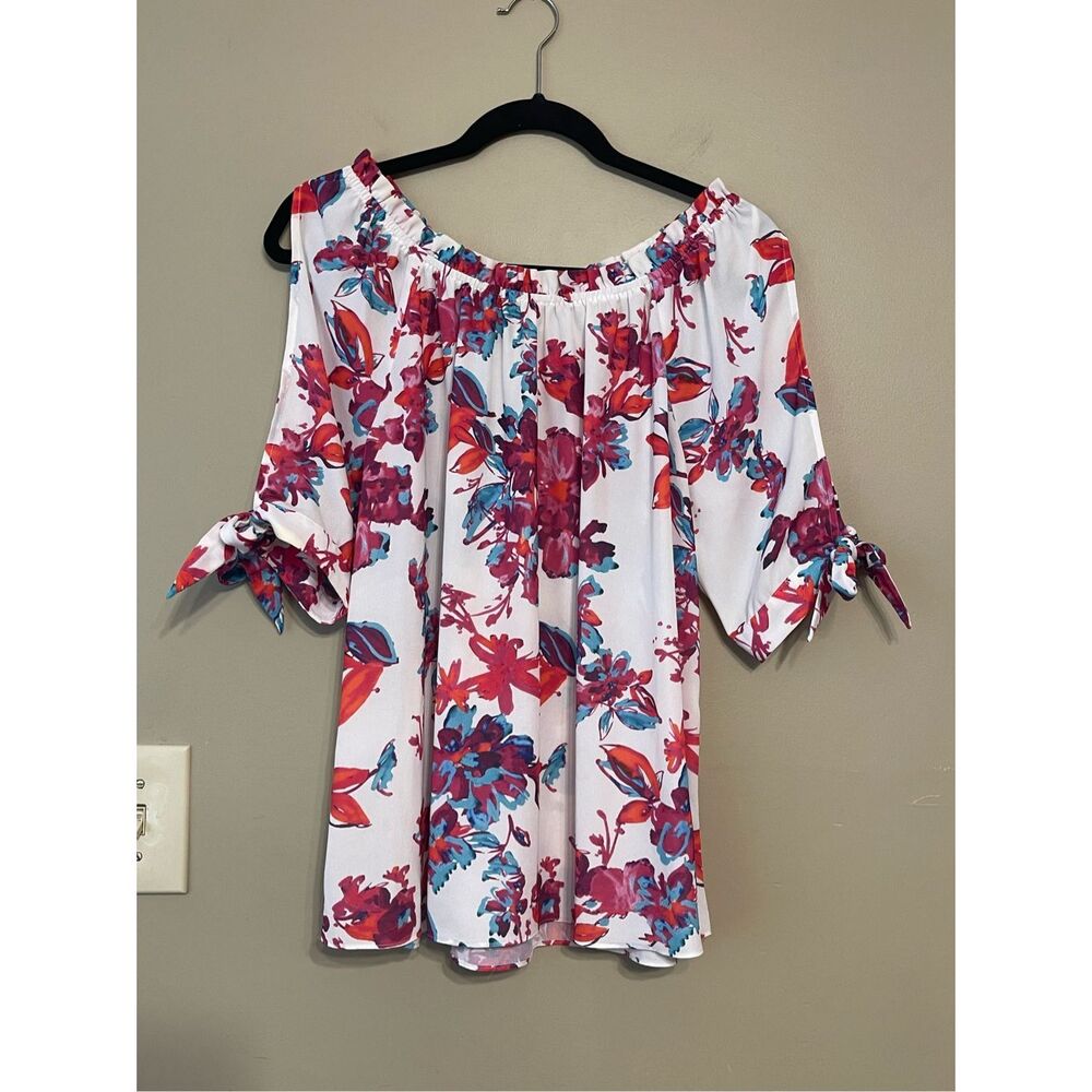 Devlin Womens White Pink Floral Cold Shoulder Off the Shoulder Blouse Medium